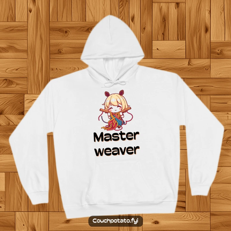 Funny hoodie design showing a happy character happily weaving colorful yarn into a complex pattern, symbolizing intricate craft.