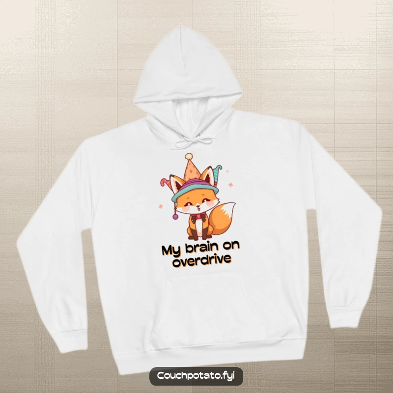 Funny playful fox attempting to wear several hats at once, featured on a warm hoodie, inviting humorous comfort and style.