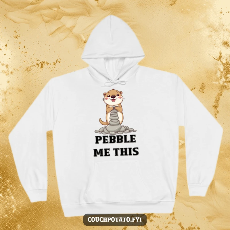 Funny hoodie depicting a happy otter focused on constructing a charmingly unstable tower of small pebbles, showcasing its building skills.