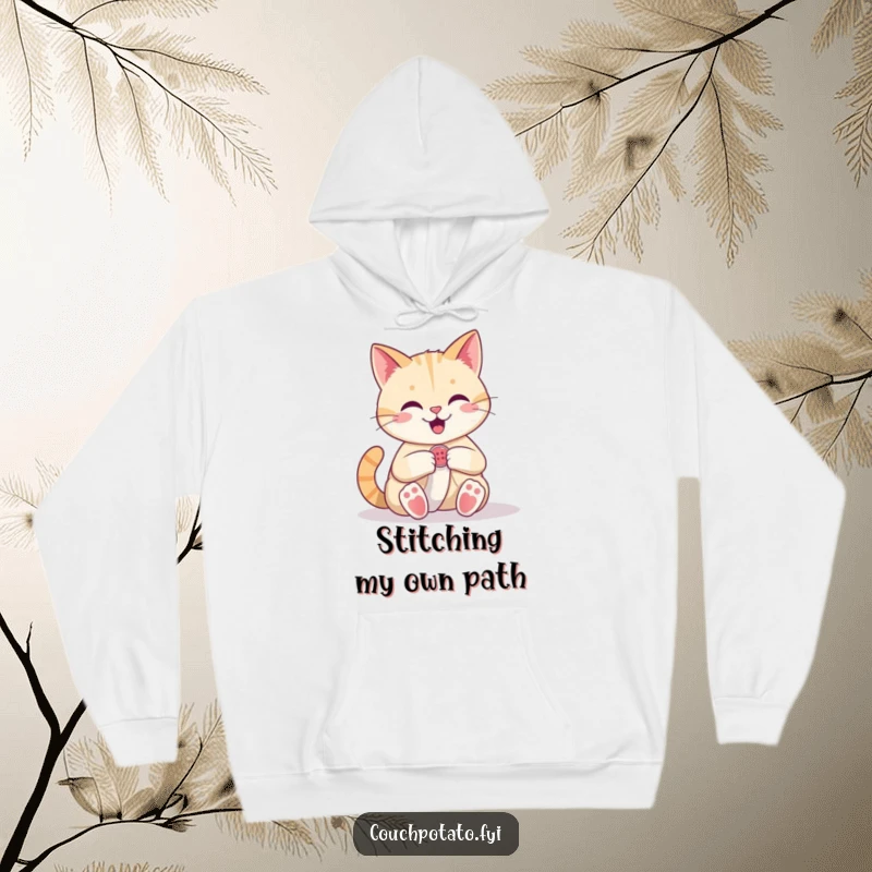 Funny Cat Hoodie: A happy cat is confidently sewing a button onto a piece of fabric, demonstrating its sewing skills.