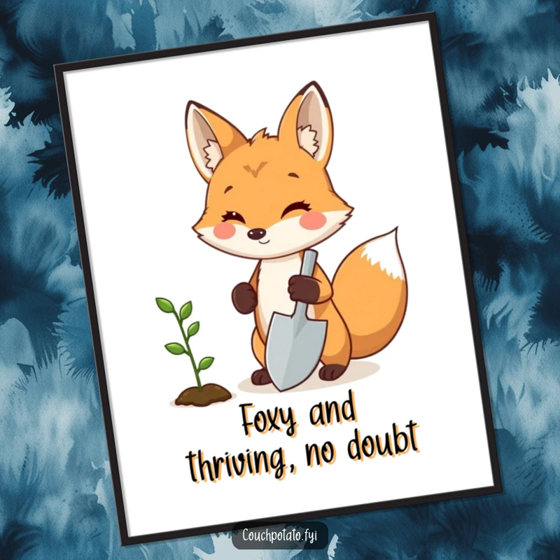 Funny Free Printable Wall Art: Proud fox holding a miniature shovel, standing beside a vibrant sprouting seedling.
