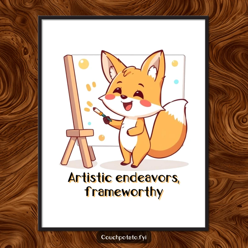 Funny Free Printable Wall Art: Cheerful fox artist smiling, enthusiastically painting a large, colorful canvas, ready to hang.