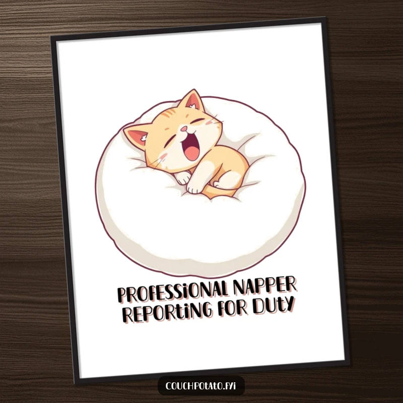 Funny Free Printable Wall Art: A sleepy cat curled on a giant fluffy pillow, yawning widely, capturing pure lazy humor.