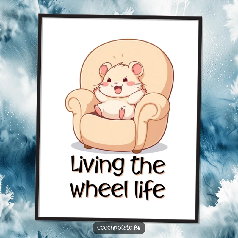 Funny Free Printable Wall Art: A cheerful hamster rolls happily in a giant, plush armchair, creating delightful decor.