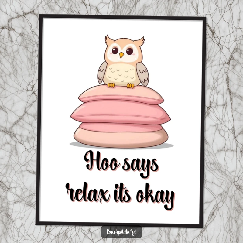 Funny Free Printable Wall Art: A smiling owl is perched high on a stack of giant, soft cushions, looking incredibly relaxed, art.