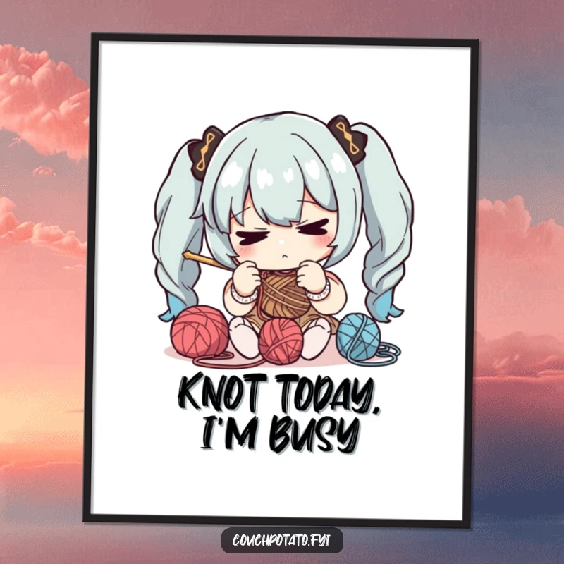 Funny free printable wall art capturing a character's intense concentration while knitting, perfect for a humorous, creative atmosphere.