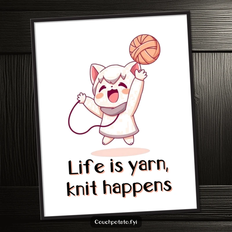 Funny free printable wall art depicting a character merrily tossing a ball of yarn, adding a splash of playful energy.