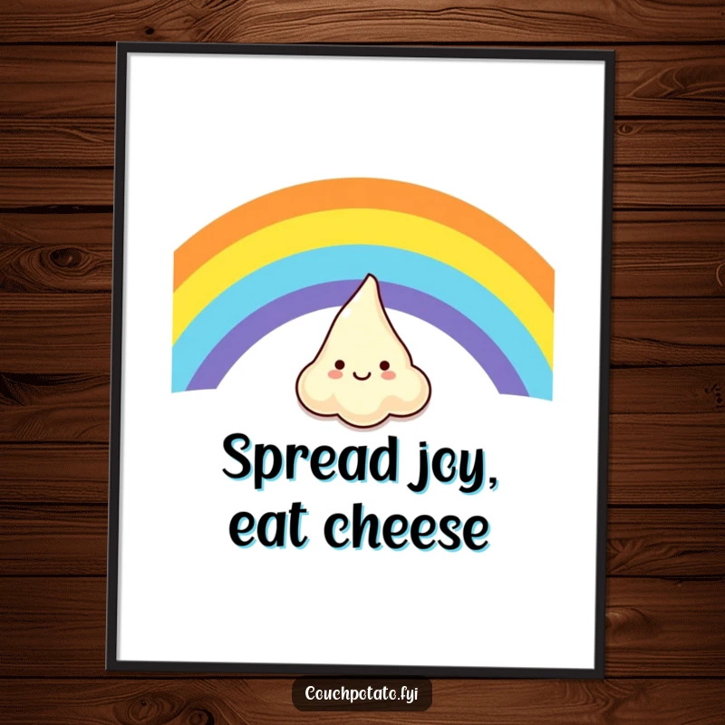 Funny Free Printable Wall Art: A giggling dollop of cream cheese joyfully slides down a bright, whimsical rainbow, adding cheerful decor.