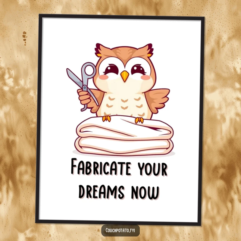 Funny free printable wall art of a happy owl holding scissors, positioned above a perfectly folded piece of patterned fabric.