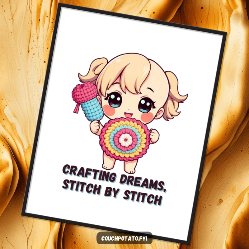 Funny free printable wall art of a character showcasing a vibrant, finished crochet item with a proud and impressive flourish.