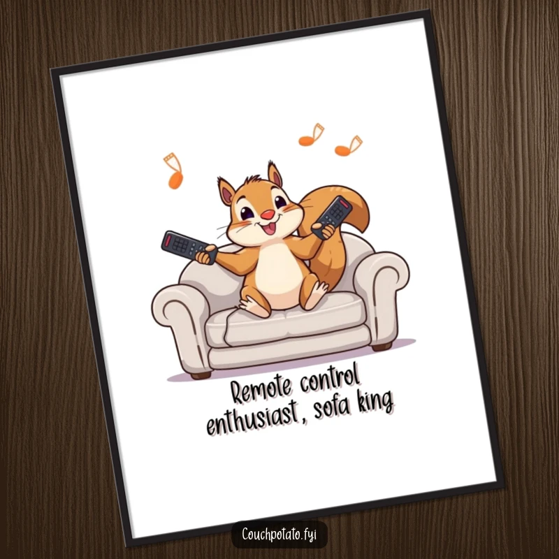 Funny Free Printable Wall Art: A playful squirrel sits on a sofa, expertly juggling several TV remotes with a mischievous grin.