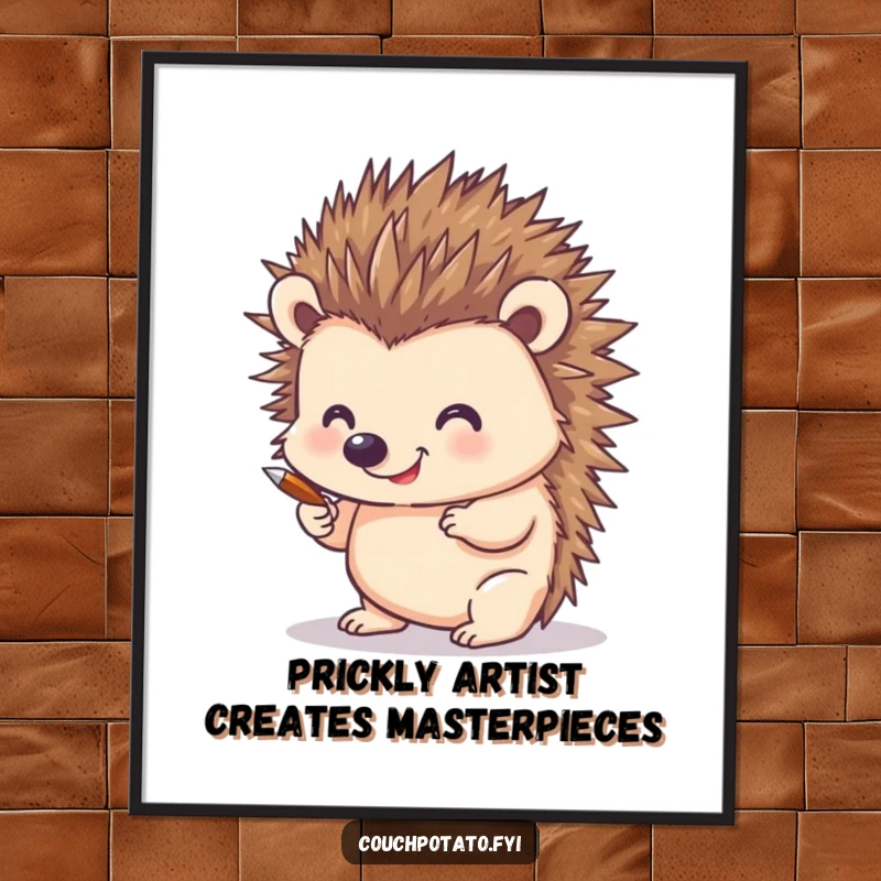 Funny Free Printable Wall Art: Smiling hedgehog using its quills to draw a picture, perfect whimsical decor.