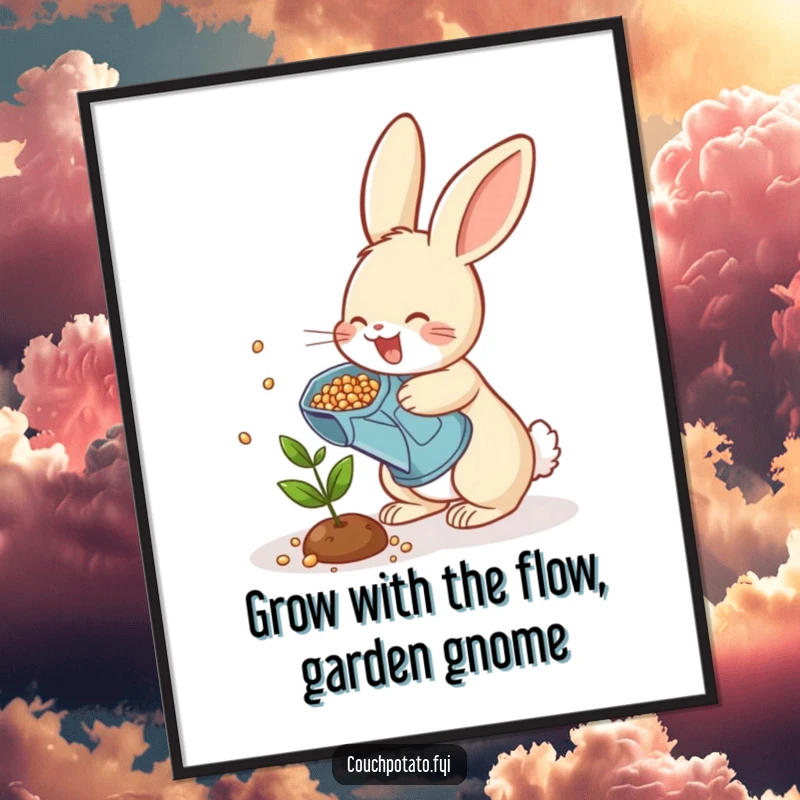 Funny Free Printable Wall Art: Cheerful rabbit sprinkling seeds from a watering can onto a tiny plant, full of life.