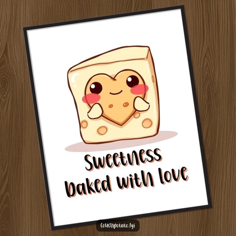 Funny Free Printable Wall Art of a blushing cream cheese block shyly offering a heart-shaped cookie.