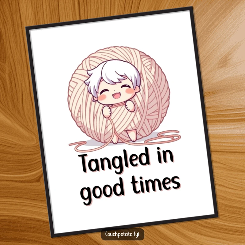 Funny Free Printable Wall Art: Character gleefully pulling a long yarn thread, a whimsical and amusing art piece.