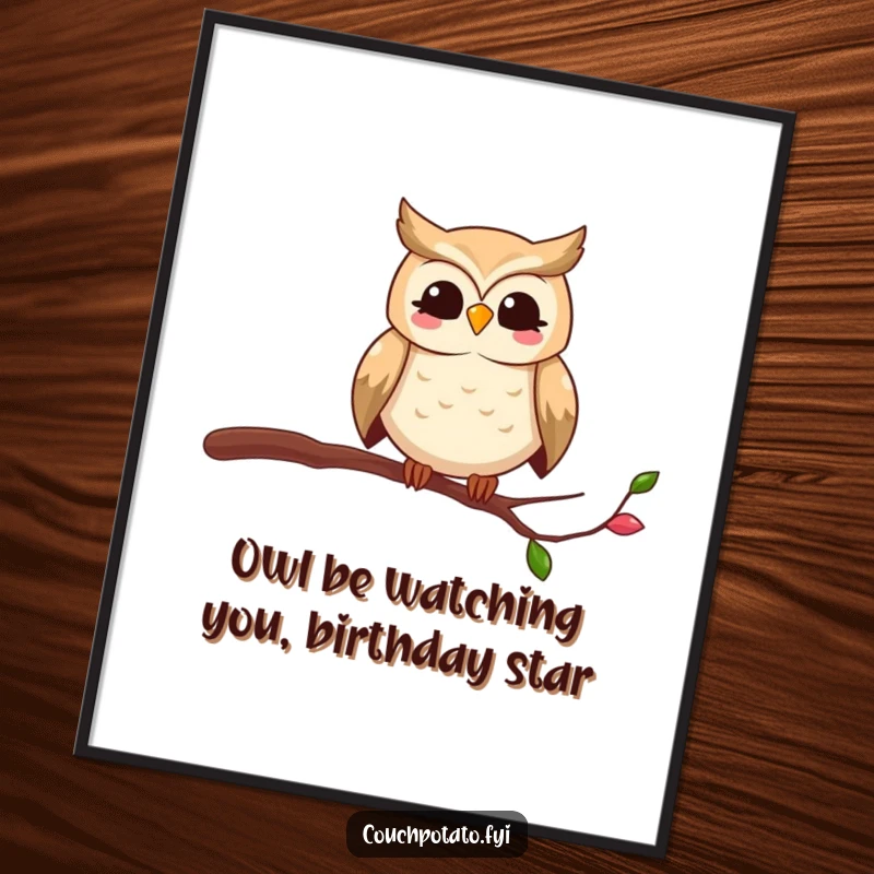 Funny Free Printable Wall Art: An owl perched precariously on a very thin branch, a humorous and quirky decoration.