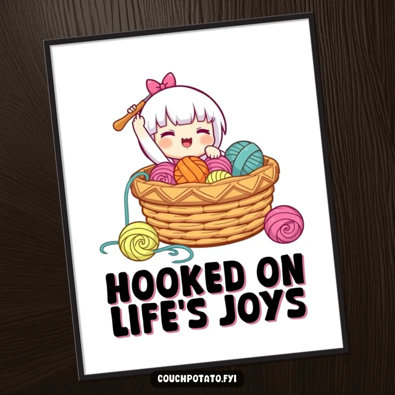 Funny free printable wall art of a character gleefully dropping a crochet hook into a basket overflowing with colorful yarn.