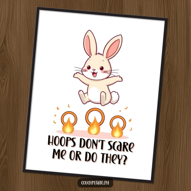 Free Printable Wall Art: A funny, brave rabbit leaping with epic style over small, glowing, fiery hoops in mid-air.