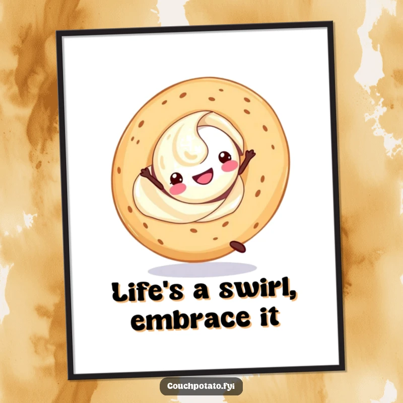 Funny Free Printable Wall Art of a cream cheese swirl and bagel performing a cheerful cartwheel.