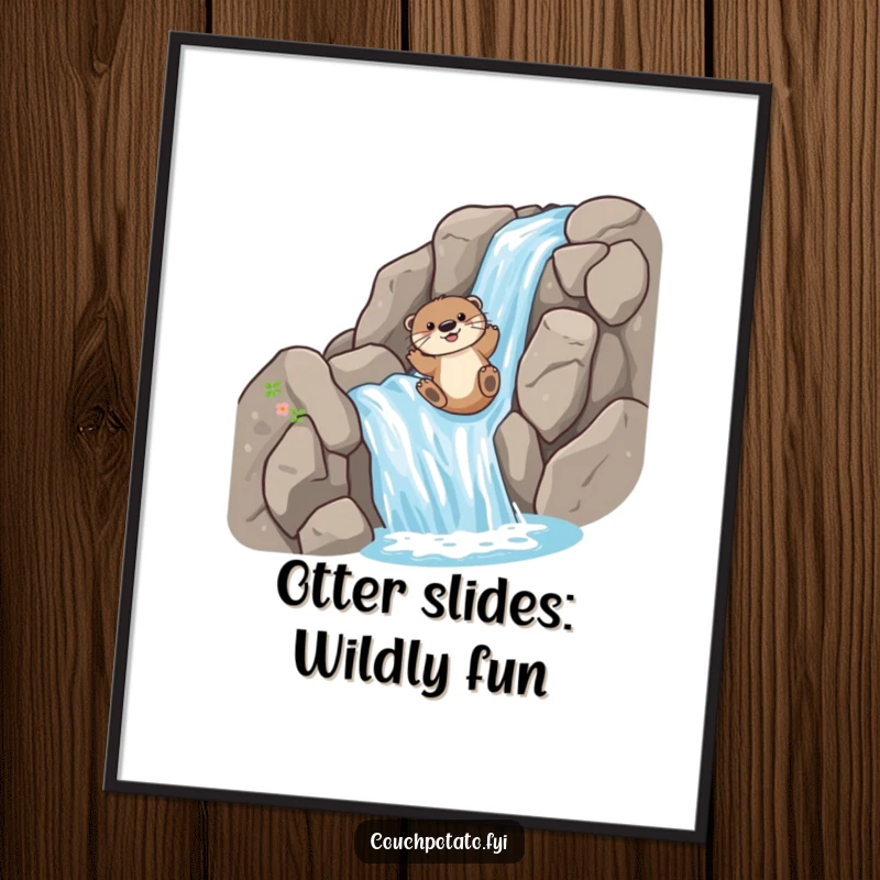 Funny Free Printable Wall Art: A playful otter slides with joy down a steep, rocky waterfall, capturing a moment of wild fun.