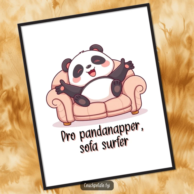 Funny Free Printable Wall Art: A giggling panda is captured mid-roll on a comfy sofa, arms spread wide in joyous abandon.
