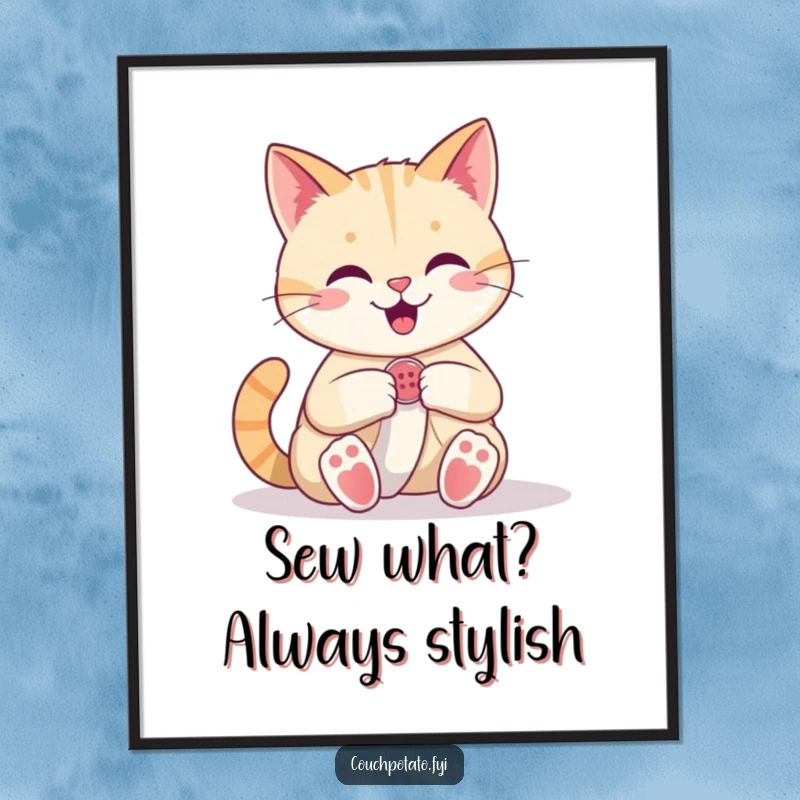 Funny Free Printable Wall Art: Happy cat confidently sewing a button onto fabric, adding a whimsical touch.