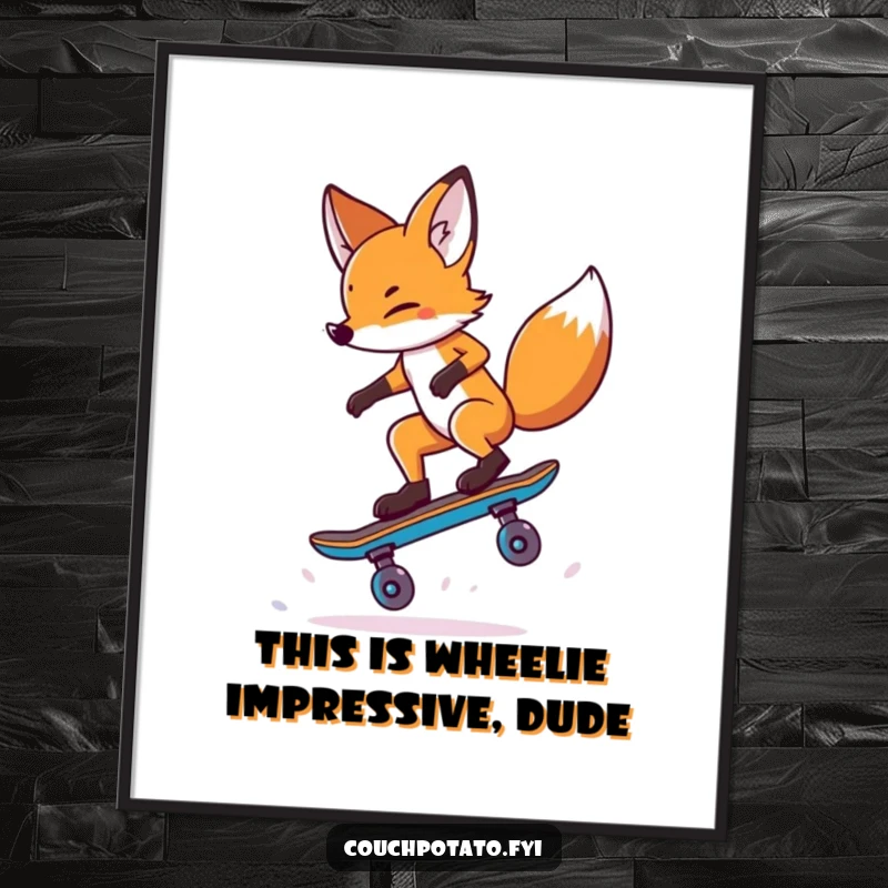 Free Printable Wall Art: A daring fox skillfully balances on one skateboard wheel performing an awesome trick with a cool look.