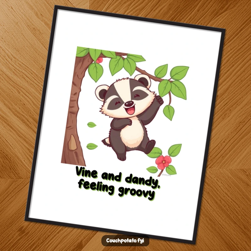 Free Printable Wall Art: A cheerful badger is captured mid-swing from a vine, letting out a hilarious 'whoop' with pure glee.