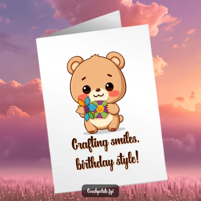 Funny Free Printable Birthday Card: Cute bear cub beaming with pride over a colorful, finished craft project.