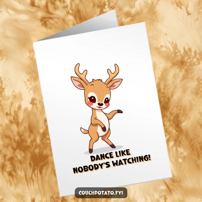 Funny Free Printable Birthday Card: Playful deer awkwardly attempting a complex dance move, great for a humorous gift.