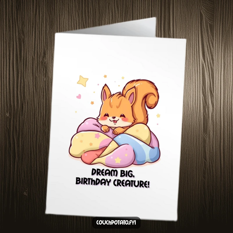 Funny free printable birthday card showing a joyful squirrel buried in colorful blankets, dreaming sweet dreams.