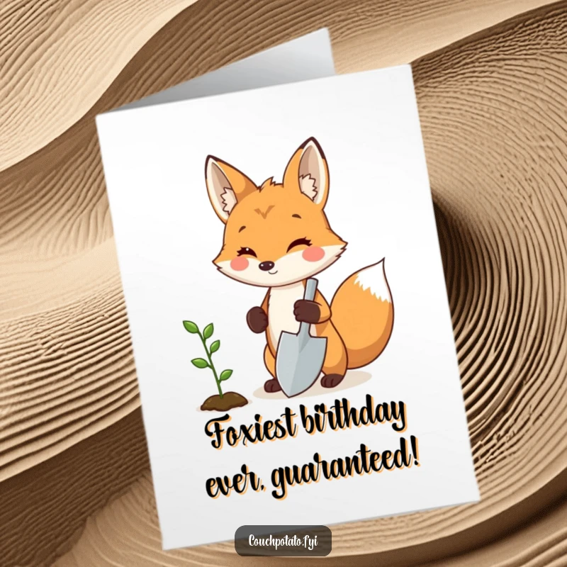 Funny Free Printable Birthday Card: Proud fox holding a shovel next to a sprouting seedling, celebrating new beginnings.