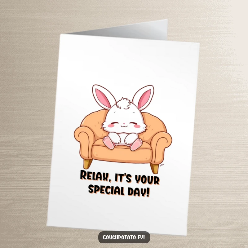 Funny Free Printable Birthday Card: Fluffy bunny lounging peacefully on a sofa, eyes closed in utter contentment.
