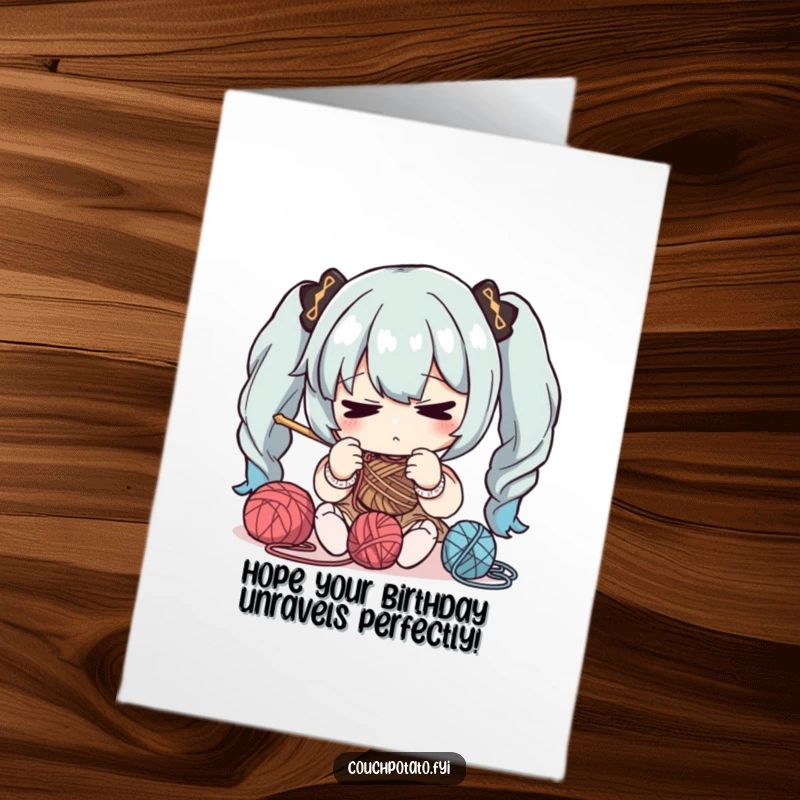 Funny free printable birthday card showing a character intensely focused on knitting with yarn and needles, a humorous take on concentration.