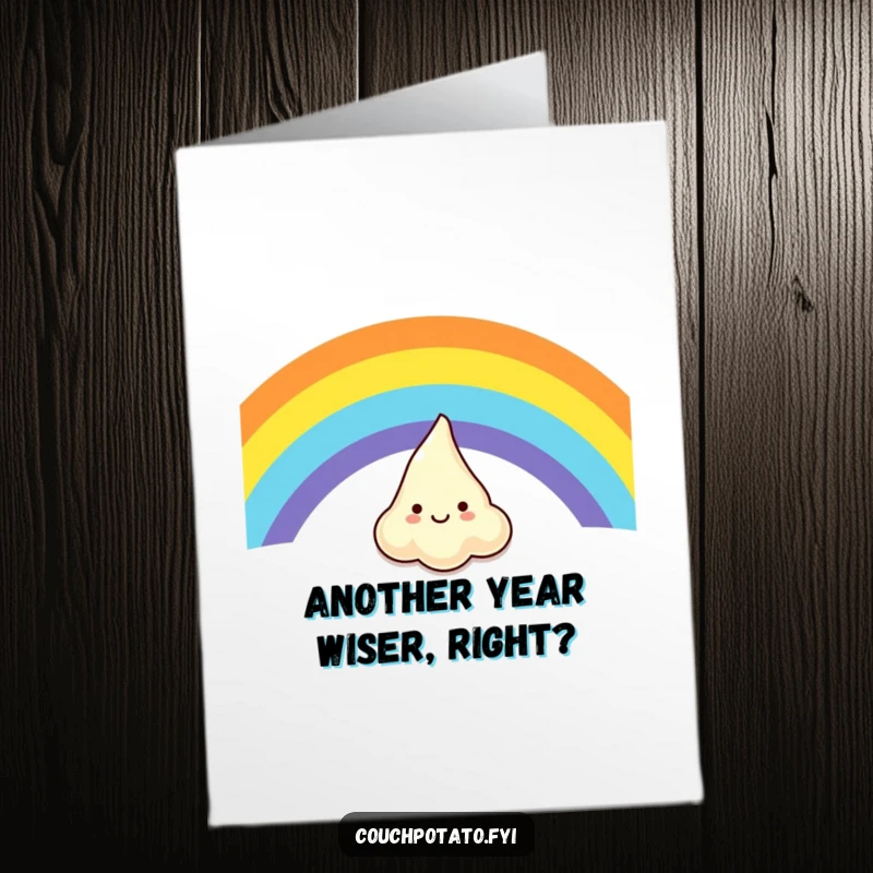 Funny Free Printable Birthday Card: A joyful dollop of cream cheese gleefully slides down a vibrant rainbow, bringing birthday cheer.