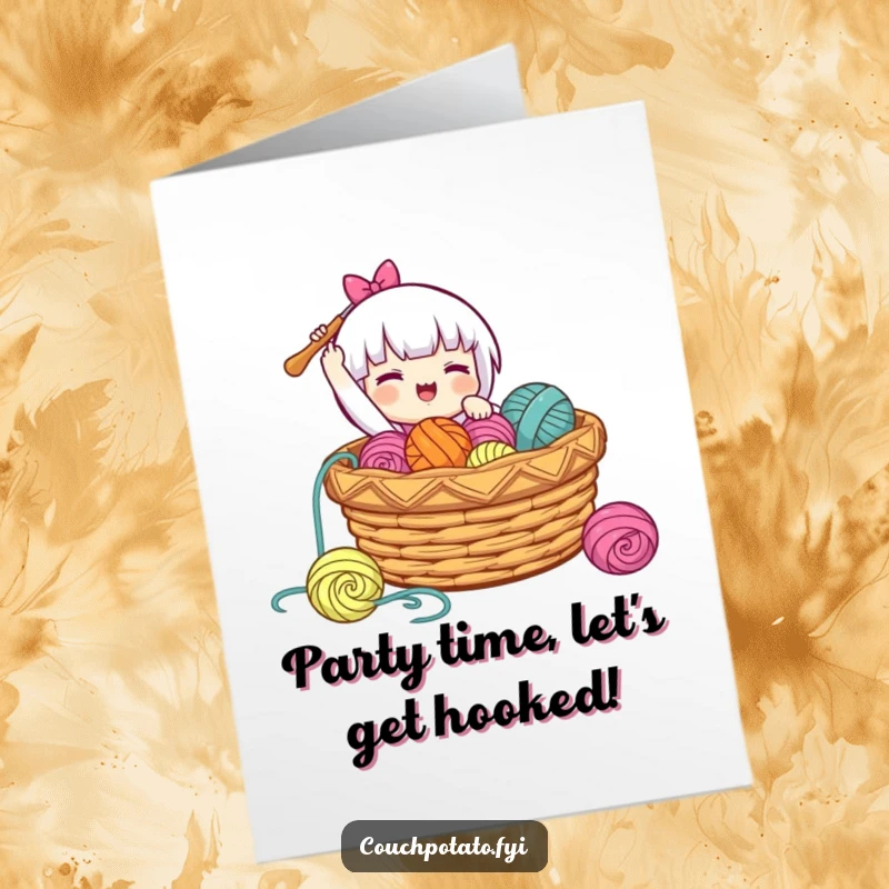 Funny free printable birthday card of a character gleefully dropping a crochet hook into a brimming basket of yarn.