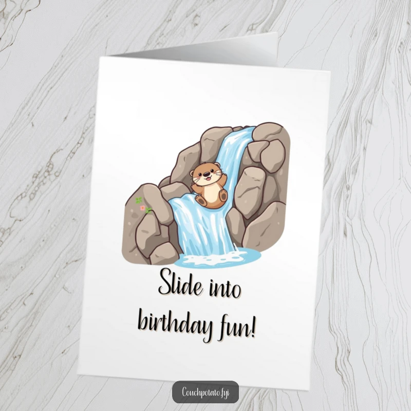 Funny Free Printable Birthday Card: A joyful otter gleefully slides down a steep, rocky waterfall, embracing the thrill and spray.