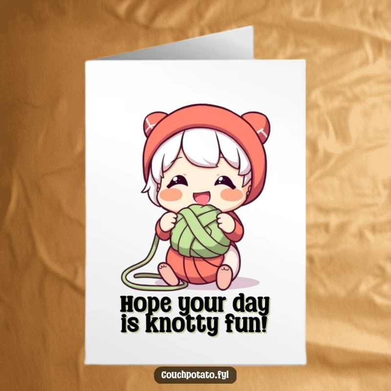 Funny free printable birthday card of a character smiling while playfully untangling a messy knot of colorful yarn.