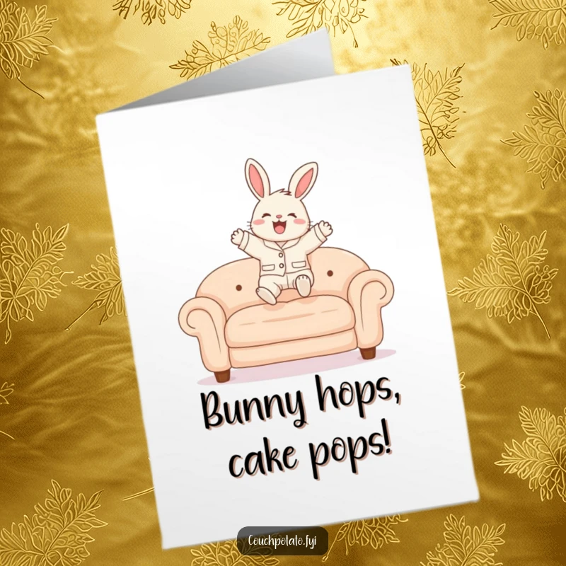 Funny Free Printable Birthday Card: Fluffy bunny in pajamas joyfully leaping onto a sofa, ready for a party.