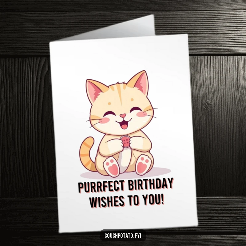 Funny Free Printable Birthday Card: Happy cat confidently sewing a button onto fabric, celebrating a birthday with flair.