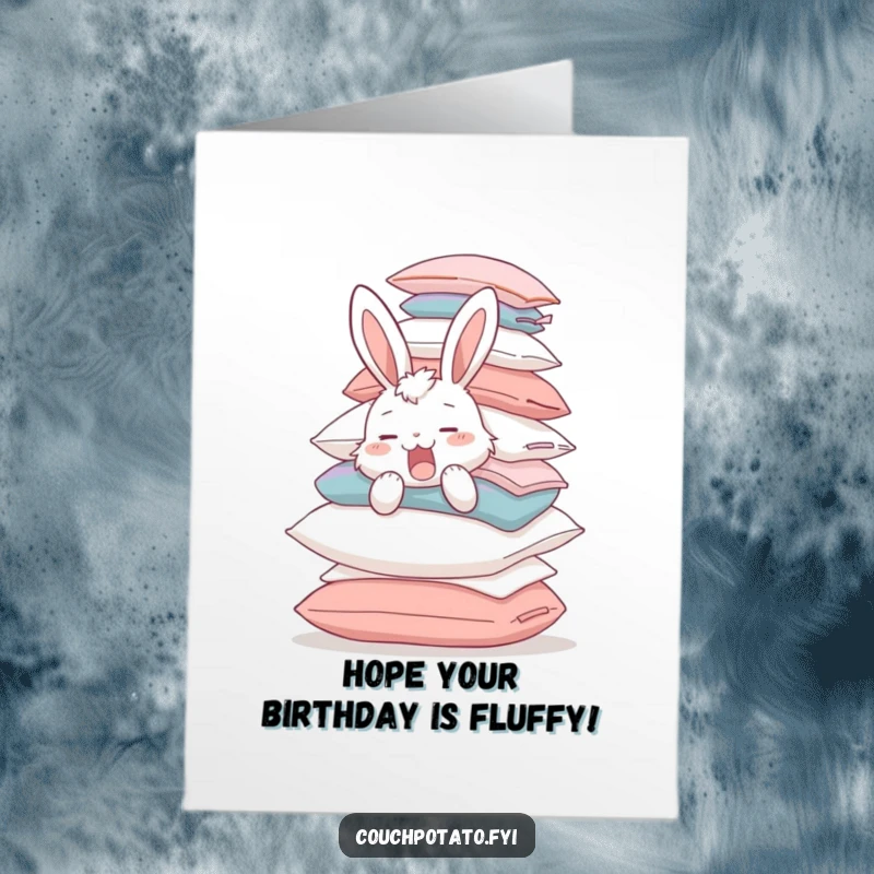 Funny Free Printable Birthday Card: A fluffy bunny yawns while balancing a huge pile of pillows, ready to party.