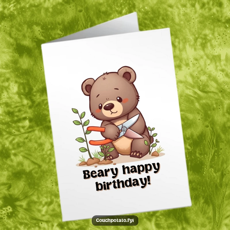 Free Printable Bear Cub Birthday Card showing a determined cub carefully pruning a tiny bush with shears, ready to celebrate milestones.
