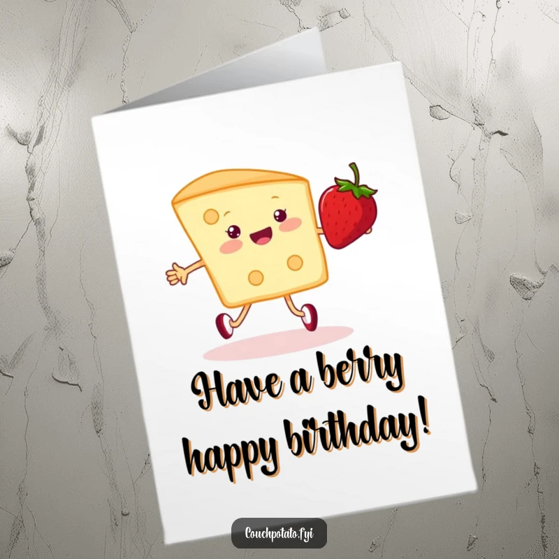 Funny Free Printable Birthday Card Featuring a Cheerful Cream Cheese Wedge Jumping Rope with a Strawberry