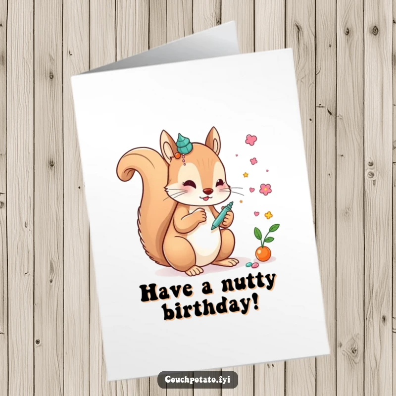 Funny free printable birthday card featuring a creative squirrel character meticulously gluing decorative elements onto a whimsical, unfinished art piece.