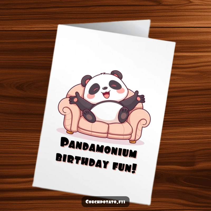 Funny Free Printable Birthday Card: A giggling panda rolls enthusiastically on a large sofa with arms wide open.