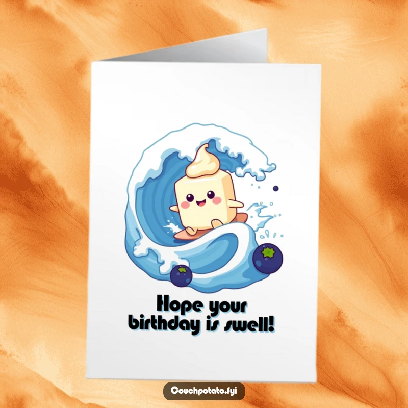 Funny Free Printable Birthday Card featuring a smiling cream cheese tub expertly surfing a giant blueberry wave.