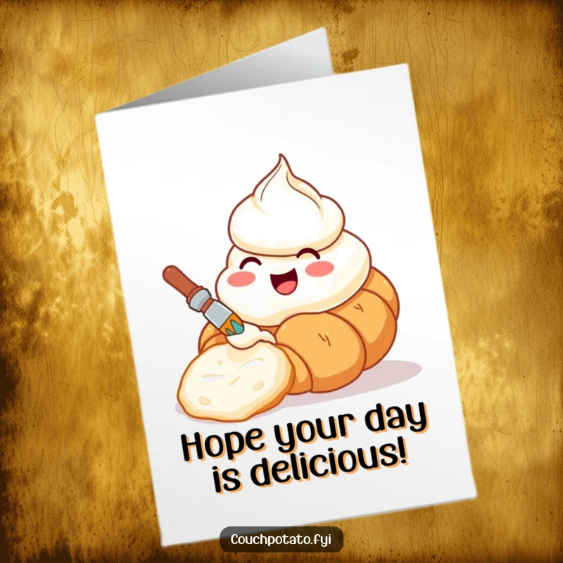 Funny Free Printable Birthday Card: A delighted cream cheese tub artistically paints a croissant with a tiny brush, celebrating a birthday.