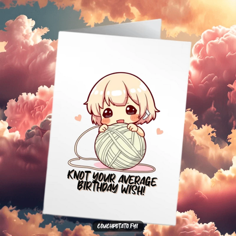 Funny Free Printable Birthday Card: Energetic character swiftly winding yarn, perfect for a crafty person's special day.