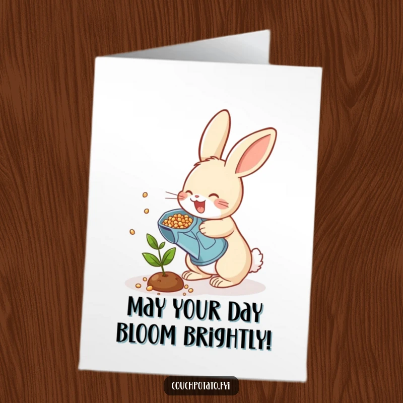 Funny Free Printable Birthday Card featuring a cheerful rabbit scattering seeds with a watering can, spreading birthday cheer.