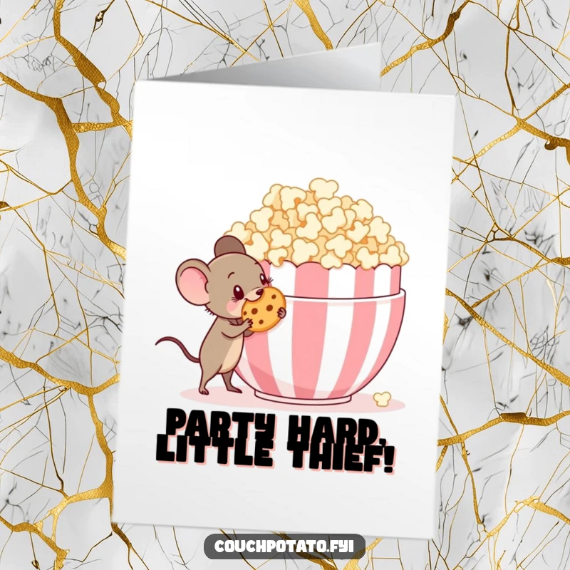 Funny Free Printable Birthday Card: a tiny mouse with a mischievous grin sneaks a cookie from popcorn.